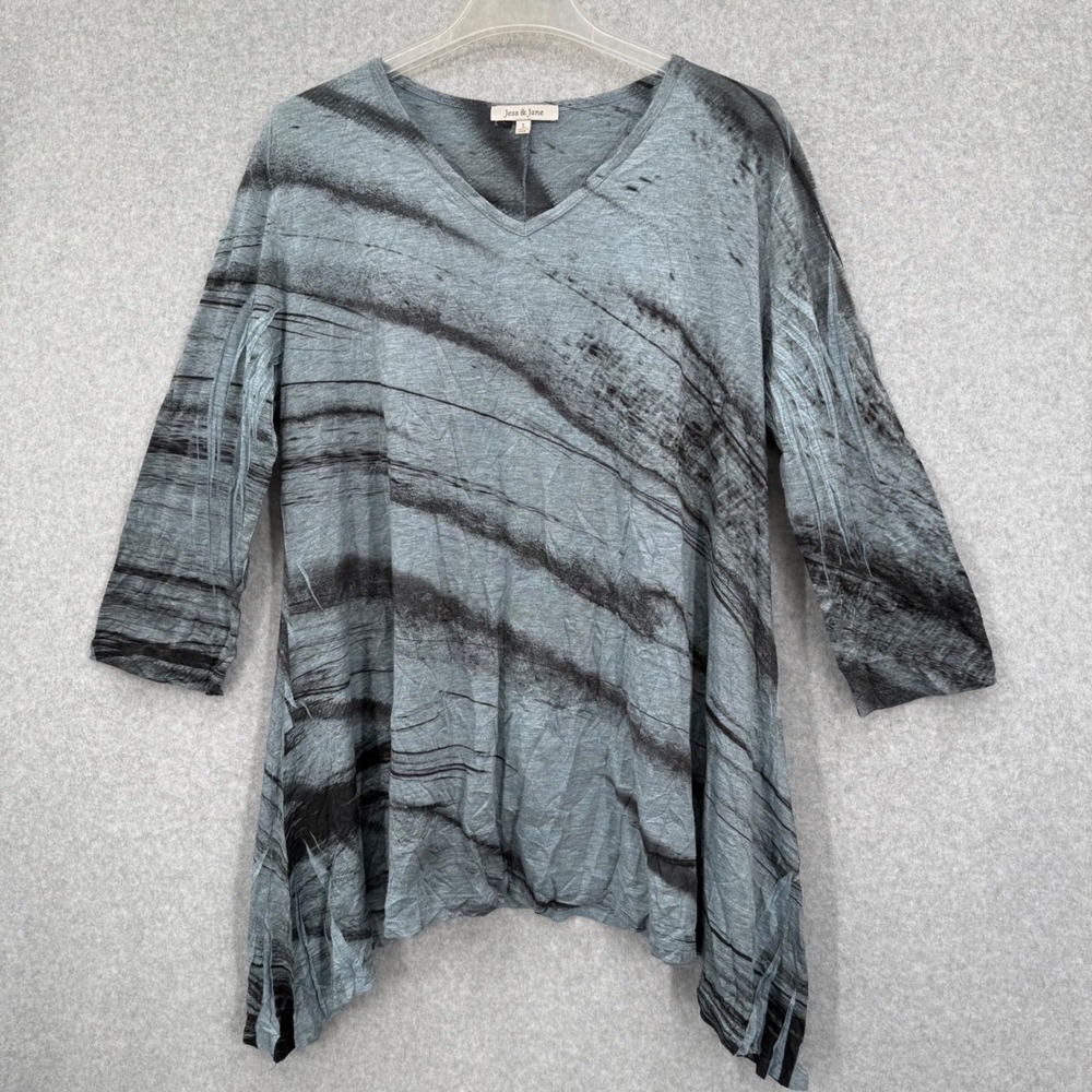 Jess‎ & Jane Abstract Tunic Top 3/4 Sleeve Asymmetrical Hem Women's Size Large